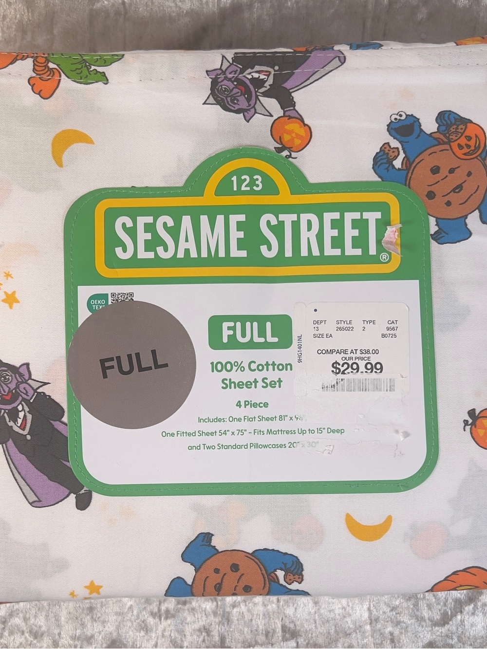 Sesame Street Full Size Halloween Sheet Set Elmo Cookie Monster 4 Pc Cotton